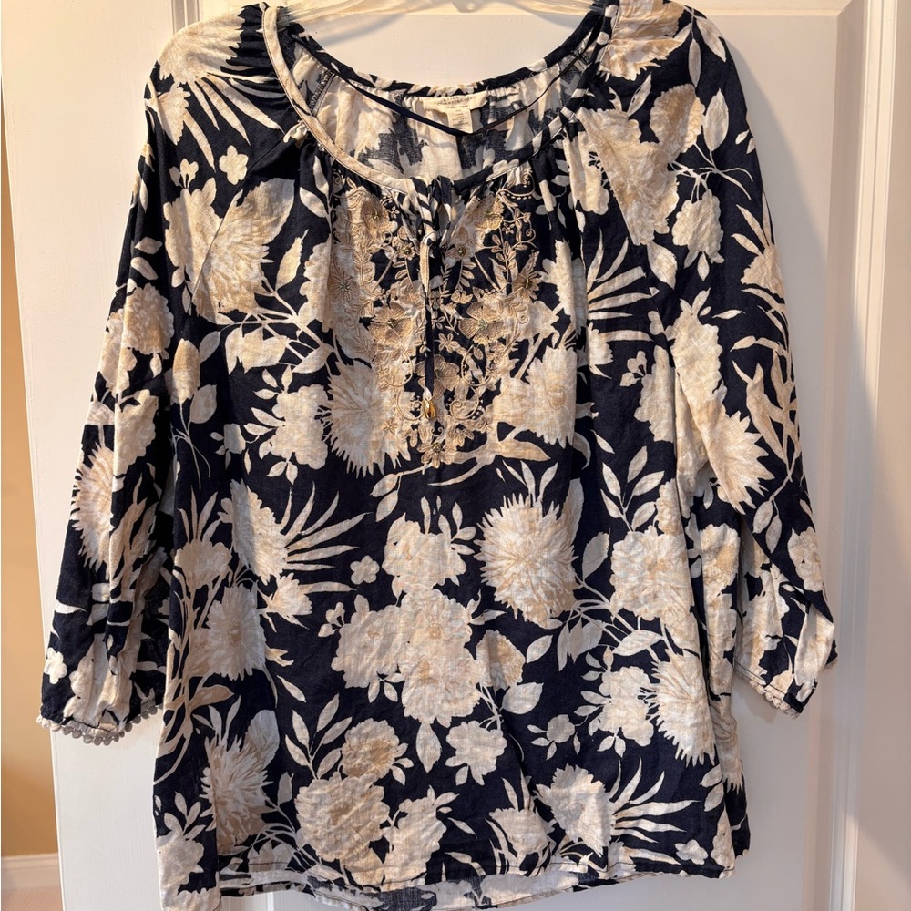 Women’s Floral Peasant Blouse - Navy and Cream